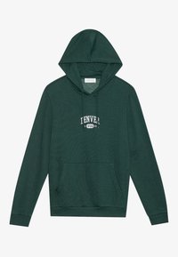 Felpa verde scuro con tasca frontale e cappuccio, testo bianco "DENVER USA 98" stampato sul petto.