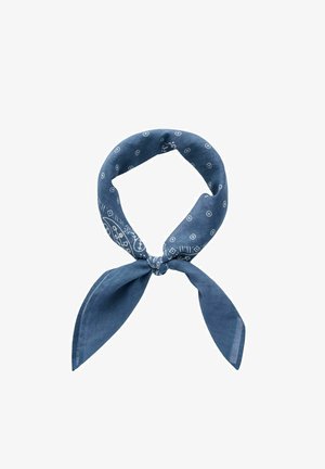 Blaues Baumwollschal mit gedruckten weißen kreisförmigen und geometrischen Mustern, featuring ein geknotetes Design und spitzen Enden. Weiche Textur.