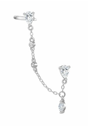 Bague double en argent reliée par une fine chaîne, ornée de pierres précieuses claires en forme de poire et petites rondes.