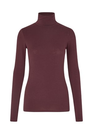 Bordeauxroter Rollkragenpullover mit langen Ärmeln, aus einem weichen, elastischen Stoff. Eng anliegendes Design mit minimalen Nähten und glatter Textur.