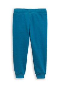 Turquoise joggingbroek van een zachte, lichte stof met een geribde broekband en boorden, met een eenvoudig, strak ontwerp.