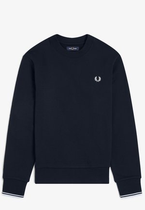 Sudadera azul marino de manga larga con cuello redondo, puños y dobladillo acanalados, con un pequeño logo blanco de laurel en el pecho izquierdo.