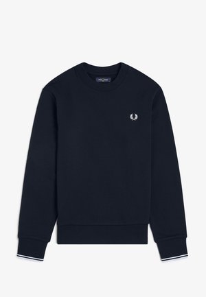 Sudadera azul marino de manga larga con cuello redondo, puños y dobladillo acanalados, con un pequeño logo blanco de laurel en el pecho izquierdo.