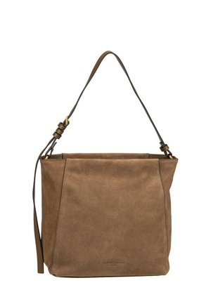 Brązowa torba na ramię z zamszu z regulowanym paskiem i subtelnym logo wytłoczonym na środku z przodu.