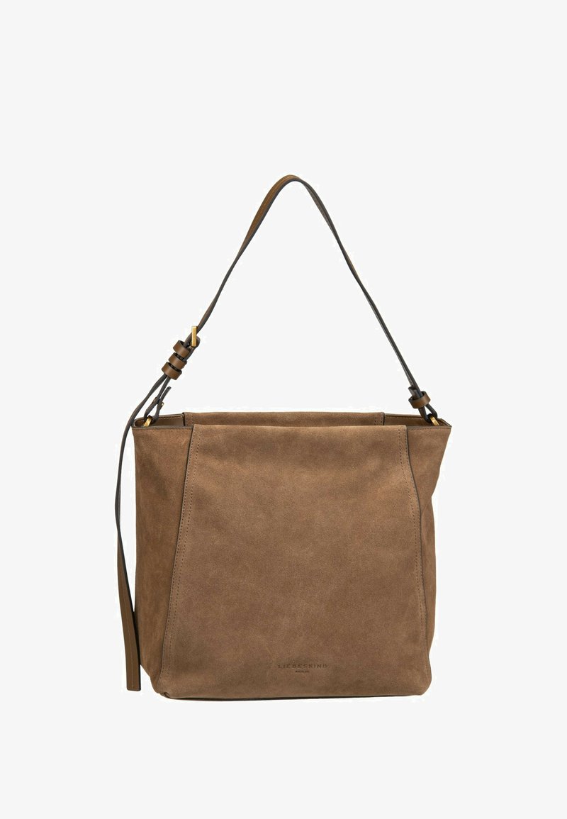 Braune Schultertasche aus Wildleder mit verstellbarem Riemen und dezentem Logo in der Mitte vorne geprägt.