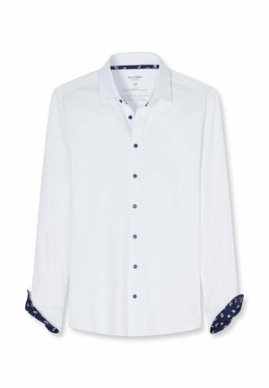 Weißes langärmeliges Hemd mit marineblauen Knöpfen und innen im Kragen und an den Manschetten mit floral gemustertem marineblauem Stoff.