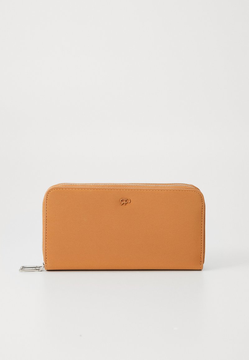 Orange leather wallet with a smooth texture, rectangular shape, and embossed logo on the front. Features a zip closure and metal hardware.