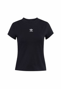 Čierne tričko s krátkym rukávom vyrobené z bavlny. Má klasický okrúhly výstrih a na hrudi biele logo Adidas so tromi listami.