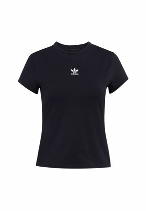 T-shirt nera a maniche corte in cotone. Presenta un colletto girocollo e un logo Adidas bianco con tre foglie sul petto.