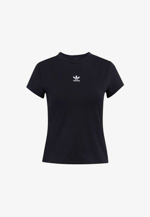 T-shirt nera a maniche corte in cotone. Presenta un colletto girocollo e un logo Adidas bianco con tre foglie sul petto.