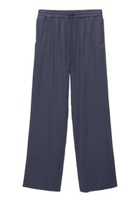 Diepnavy wijde broek van zachte stof, met een elastische tailleband en aansnoerkoord, en twee zijzakken.