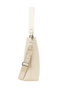 Sac en cuir crème avec une silhouette structurée, doté d'une bandoulière en tissu beige amovible avec un logo répétitif, et de quincaillerie en argent brillant.