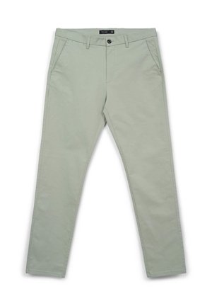 Hellgrüne Chinos im Slim-Fit, aus weichem Stoff gefertigt. Verfügt über zwei Seitentaschen und einen vorderen Knopfverschluss. Flaches Vorderdesign.