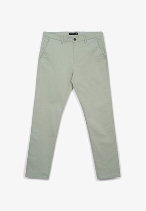 Hellgrüne Chinos im Slim-Fit, aus weichem Stoff gefertigt. Verfügt über zwei Seitentaschen und einen vorderen Knopfverschluss. Flaches Vorderdesign.