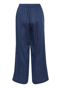 Navy blue linen wide-leg pants with an elastic waistband, featuring a smooth texture and no additional pockets or embellishments.