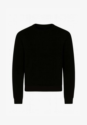 Felpa nera con scollo rotondo, maniche lunghe e orlo a costine. Texture liscia con un dettaglio di brand sottile sul lato.