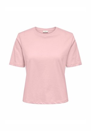Pink short-sleeve crew neck cotton t-shirt with a relaxed fit, displayed on a white background.