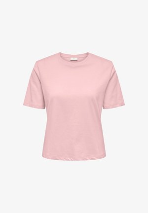 Pink short-sleeve crew neck cotton t-shirt with a relaxed fit, displayed on a white background.