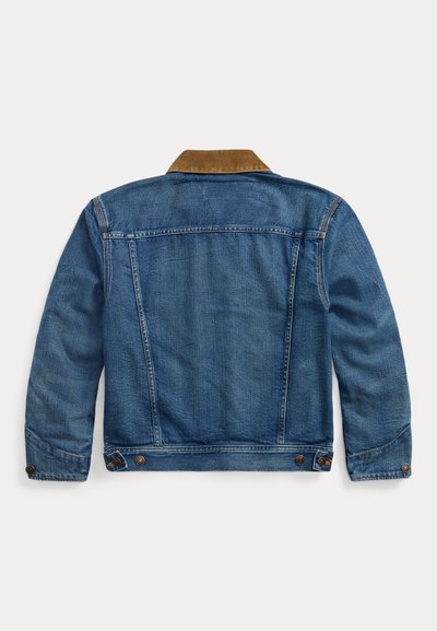 Denim jacket, blue color with a corduroy brown collar, buttoned cuffs, and stitched detailing. Features classic back yoke and two side buttons.