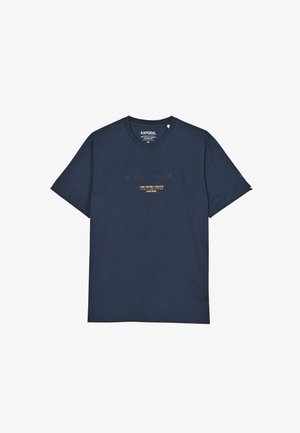 Navyblauwe katoenen T-shirt met een ronde hals, korte mouwen, reliëflogo en tekst in het geel op de voorkant. Gladde textuur, casual ontwerp.