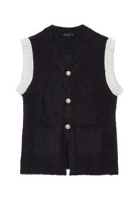 Gilet nero senza maniche realizzato in morbido materiale, con scollatura a V, chiusure con bottoni perla e dettagli di rouches bianche sulle spalle.