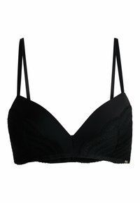 Reggiseno imbottito nero con spalline sottili e regolabili, tessuto testurizzato sulle coppe e fascia sottostante liscia. Presenta un delicato design a onde.