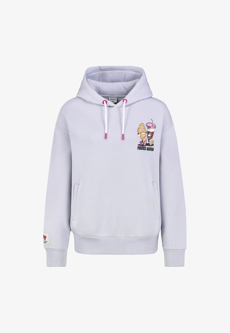 Lichtpaarse hoodie met voorzak, voorzien van een cartoonafbeelding van een croissant en een drankje, accentueert met roze trekkoorden.