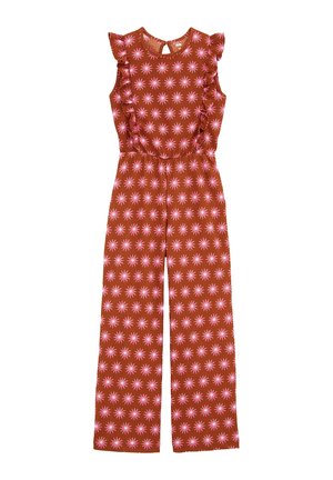 Combinaison sans manches couleur rouille avec motif floral rose, détails à volants sur les épaules et pantalon à jambes larges.