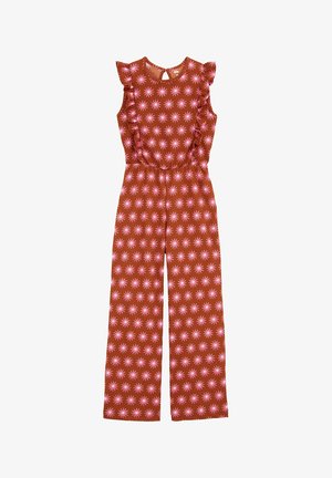 Ærmeløs rustfarvet jumpsuit med pink blomsterprint, flæsedetaljer på skuldrene og vidde bukseben.