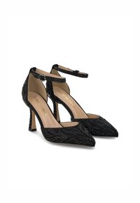 Scarpe nere con tacco alto, con punta affusolata, decorate con motivi di perline, cinturino alla caviglia e rivestimento interno liscio, con un tacco sagomato.