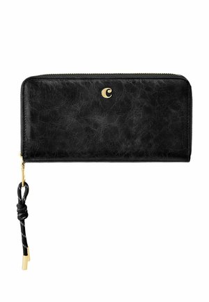 Black textured leather zip wallet with gold zipper, small gold "C" logo, and black cord zipper pull with gold tips.