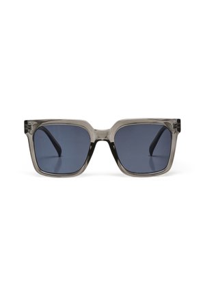 Square sunglasses with translucent gray frames and dark gray lenses. Features straight temples and minimal detailing.