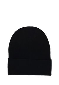 Cappello beanie in maglia nera con una texture morbida, finitura liscia, parte superiore rotonda e risvolto alla base per una vestibilità aderente.