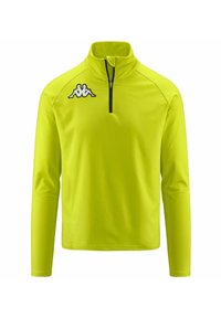 Pullover a maniche lunghe di un vivo giallo neon, con apertura a zip sul davanti e logo nero sul lato sinistro del petto, realizzato in tessuto liscio e leggero.
