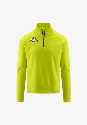 Pullover a maniche lunghe di un vivo giallo neon, con apertura a zip sul davanti e logo nero sul lato sinistro del petto, realizzato in tessuto liscio e leggero.