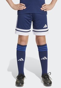 Blå fotbollsshorts med vita detaljer och tre ränder, tillsammans med knä-långa blå strumpor som har ränder och en grå logotyp, samt svarta fotbollsskor.