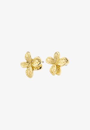 Gold flower-shaped stud earrings with textured petals and a polished finish, featuring detailed leaf patterns and secure metal backing.