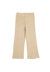 Pantalones de punto acanalado en color beige, con perneras anchas y una cintura alta, que presentan una textura suave y un ajuste relajado.