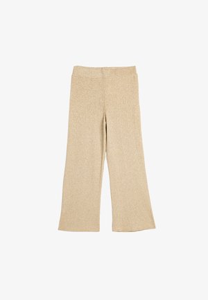 Beige geribbelde gebreide broek met wijde pijpen en een hoge tailleband, voorzien van een zachte textuur en een relaxte pasvorm.