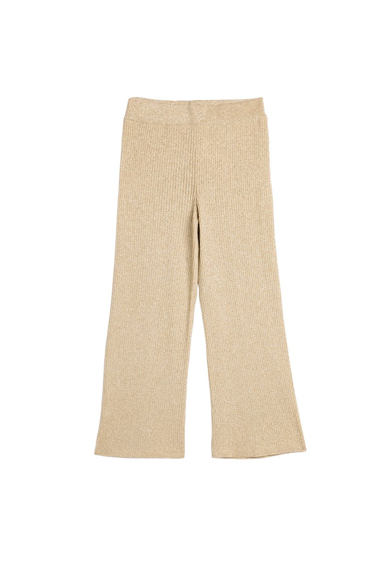 Pantalones de punto acanalado en color beige, con perneras anchas y una cintura alta, que presentan una textura suave y un ajuste relajado.