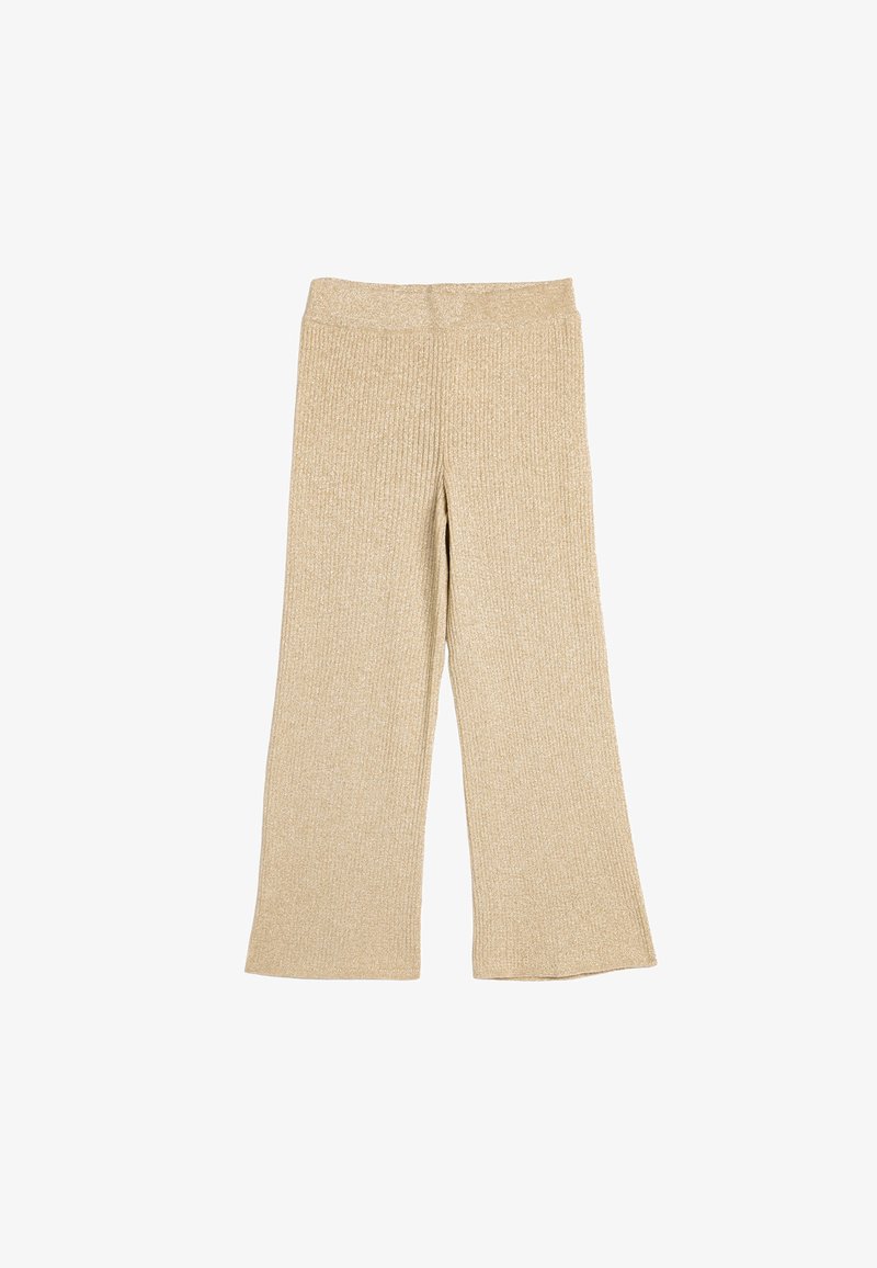 Beige gerippte Strick-Hosen mit weitem Bein und hohem Bund, die eine sanfte Textur und eine lockere Passform bieten.
