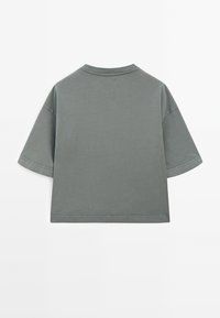 T-shirt en coton gris, à manches courtes, col rond, forme carrée, texture lisse, sans logos ni motifs visibles, vue arrière plain.