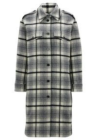 Long manteau en laine à carreaux noir et blanc avec boutons devant, deux poches poitrine à rabat et manches à revers.