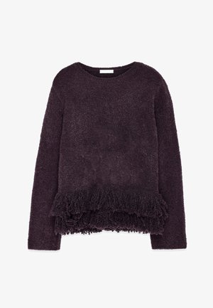 Purple, textured sweater with a fluffy fringe hem, long sleeves, and a round neckline. Soft material provides a cozy appearance.