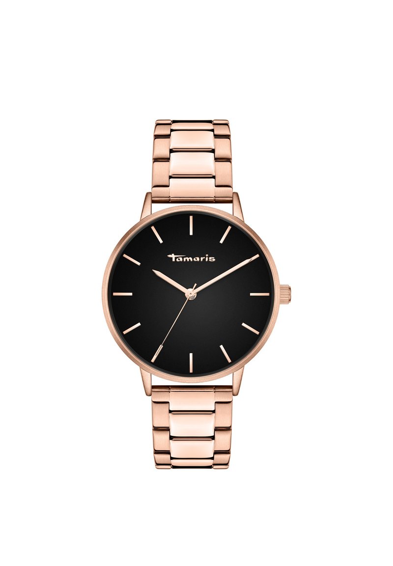 Roségoldene Metalluhr mit schwarzem Zifferblatt, minimalistischen silbernen Stundenmarkierungen und einem glatten Gliederarmband-Design. Markenlogo sichtbar.