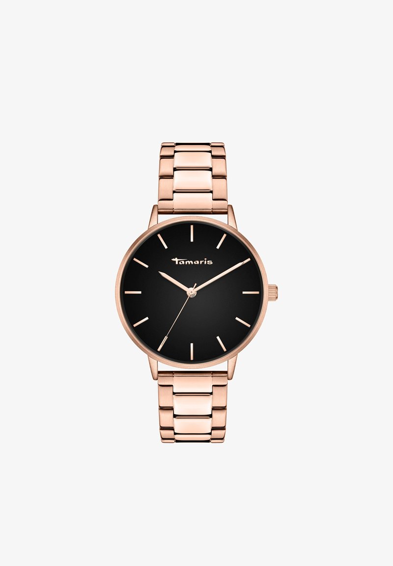 Roségoldene Metalluhr mit schwarzem Zifferblatt, minimalistischen silbernen Stundenmarkierungen und einem glatten Gliederarmband-Design. Markenlogo sichtbar.