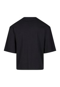 Black, short-sleeved, oversized T-shirt made from soft fabric. Simple design with a straight hem and no visible logos or patterns.