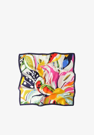 Écharpe en soie éclatante avec motifs floraux abstraits en rose, jaune, vert, bleu et noir, bordée de bleu marine foncé.