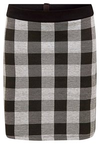 Jupe crayon à carreaux noirs et gris avec une ceinture noire unie et un petit détail de boucle au centre du dos.