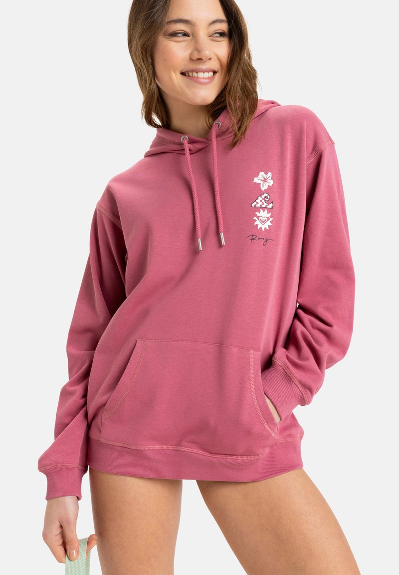 Rosa hoodie med en avslappnad passform, snörning i huvan, framficka och dekorativa blommor och våg grafiker på vänster bröstområde.